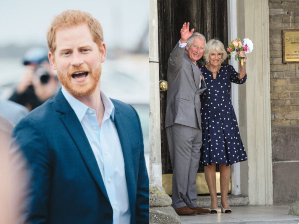 Princ Harry a Jeho Veličenstvo kráľ Charles III., bývalý princ Charles, a vojvodkyňa z Cornwallu, kráľovná Camilla.